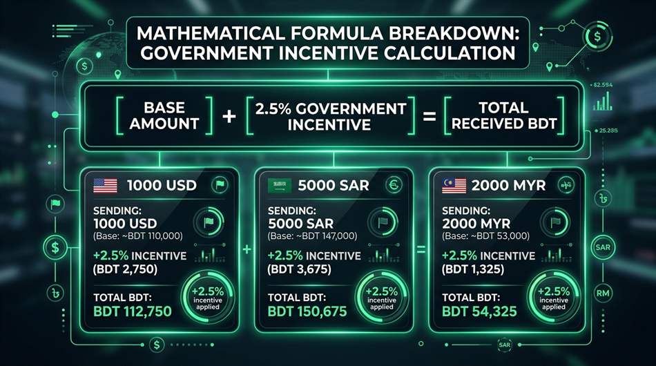 Remittance Bonus Calculation Formula Breakdown ২.৫% প্রণোদনা ক্যালকুলেটর ফর্মুলা ও গাণিতিক হিসাব